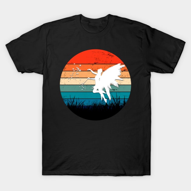 Fantasy Artwork: Pixies and Fairy Silhouette Retro Sunset Art T-Shirt by ShopBuzz